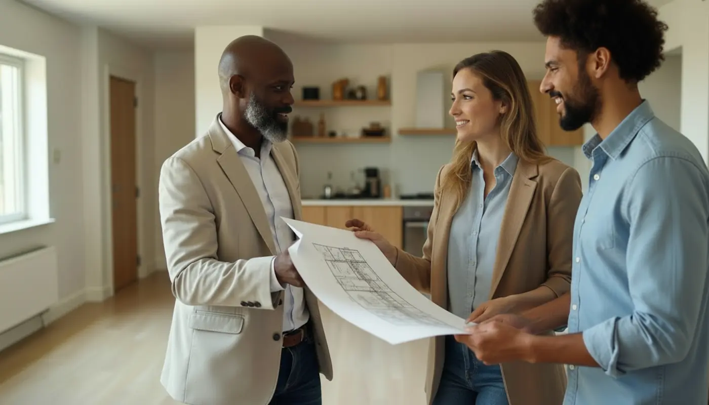 Property expert consulting with homeowners